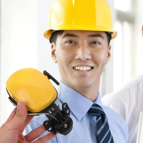 Heavy Duty Hard Hat Earmuffs With Hella Thick Sponge Cushions For Kickass Noise Reduction And Reliable Hearing Protection On Any Big Construction Jobsite Today shown in a hand.