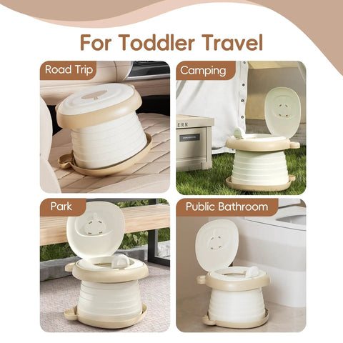 Road Trip Ready Foldable Toddler Potty Seat Portable Kids Travel Toilet On The Go Camping Restroom Alternative with absorbent liners placed in various locations.