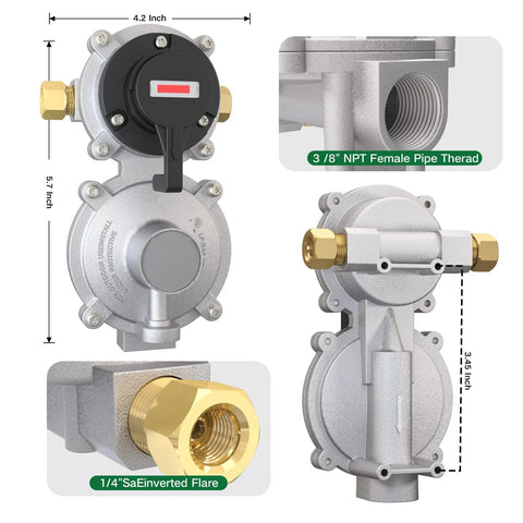 2-stage RV propane regulator with two 18-inch braided hoses, brass fittings, CSA certified