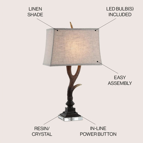 Rustic 29.5 Inch Antler Table Lamp With Brown Clear Faux Resin And Crystal Base Light Grey Linen Shade LED Bulb Included UL Listed For Cabin Decor