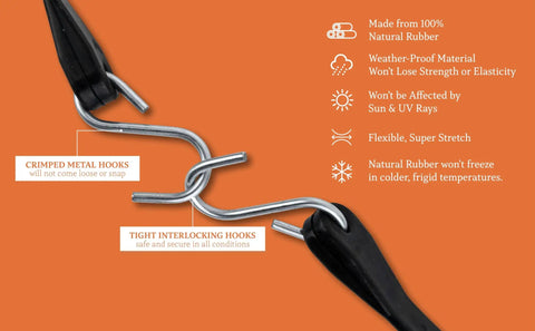 50 Pack 15 Inch Rubber Bungee Cords with Metal Hooks For Flatbed Trucks, Weatherproof Outdoor Gear, Natural Rubber, 1.5x Stretch