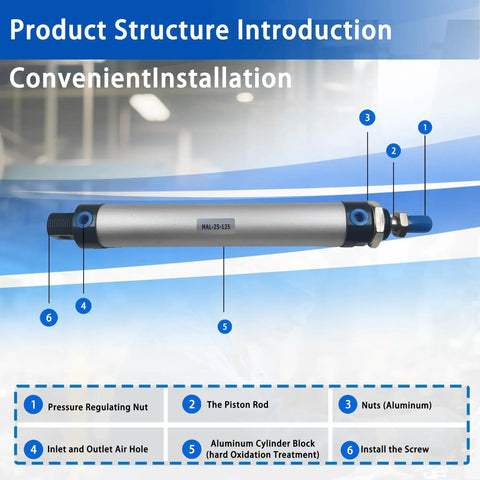 Diagram of Mini Pneumatic Cylinder MAL25x125 Aluminum Double Acting With Single Rod, showing components and features.