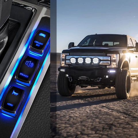 Lit Blue LED 5 Pin Rocker Switch SPST on off with jumper wires set in truck control panel illuminated at night