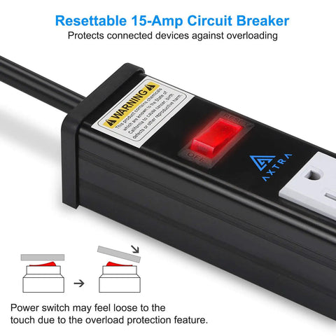 Close-up of Heavy Duty 12-Outlet Surge Protector Power Strip with resettable 15-amp circuit breaker and warning label.