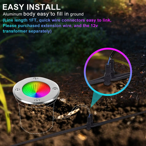 Close-up of 10W RGBW Landscape Lights for Outdoors Low Voltage 12-24V Well Lights installation with connectors and rainbow light effect.
