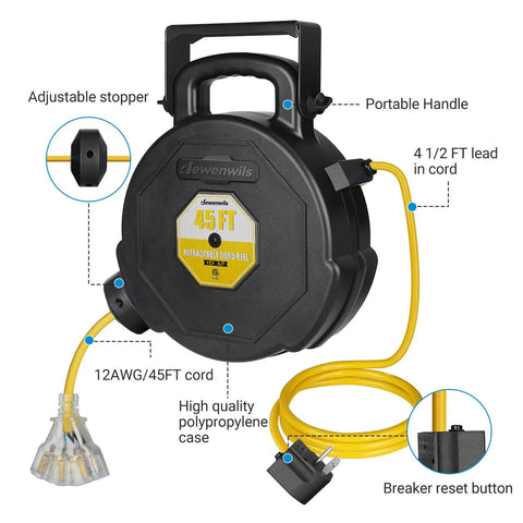 45Ft Retractable Extension Cord Reel With Auto Retract And Lighted Triple Outlets, shown with adjustable stopper and handle.