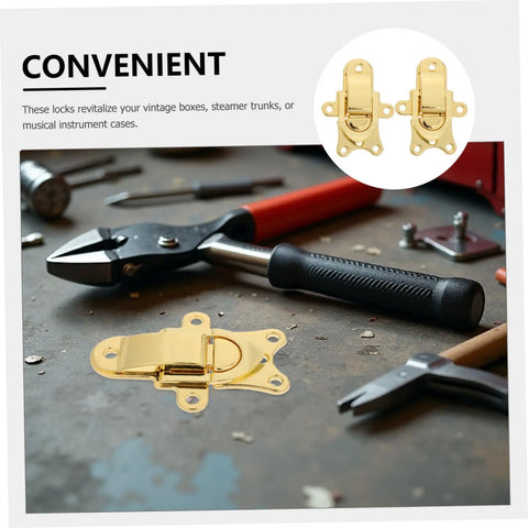 Chic 2pcs Retro Golden Duckbill Toggle Latches Fit Any Wooden Chest Or Toolbox With Stunning Zinc Alloy Finish For Vintage Decor And Secure Fastening, gold zinc alloy clasp on workbench