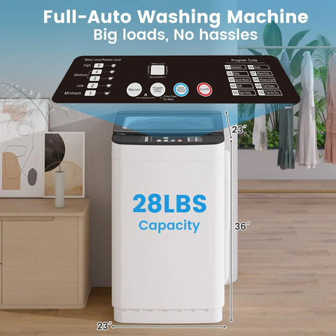 No Sweat Portable Washer And Dryer Combo Set, 28 Lb Full Automatic Washing Machine with capacity details displayed.