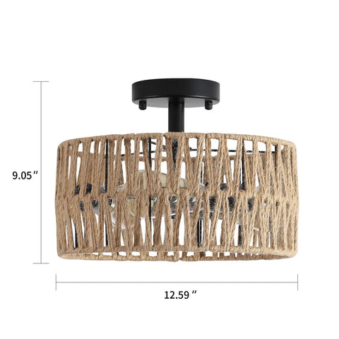 Three Light Rustic Woven Flush Mount Ceiling Fixture With Industrial Metal Finish, 12.59x9.05 inch, for farmhouse decor