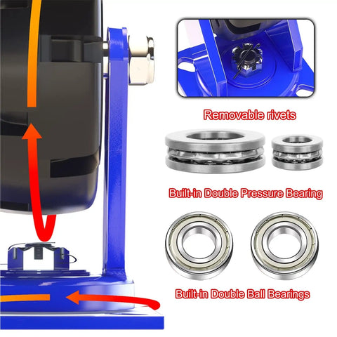 Close-up of Badass Heavy Duty Industrial Swivel Caster Wheels with dual locking brakes, showing built-in double ball bearings and removable rivets.