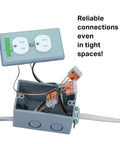 Top Shelf Hella Dependable 3 Conductor Wire Connectors For Solid Stranded Flexible Copper Cables in junction box with gray housing.