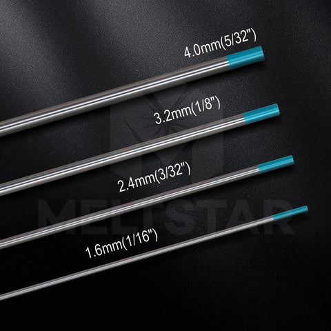 Rare Earth Blend TIG Tungsten Electrodes 1/16 In By 7 In Turquoise WG20 For TIG Welders, four sizes displayed on black background.