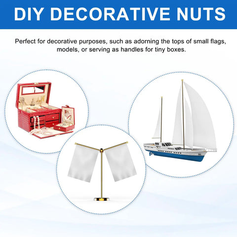 DIY decorative nuts shown with model sailboat, flags, and jewelry box, highlighting uses for adorning small models and decorative purposes.
