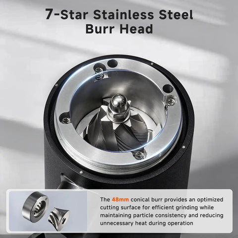 Close-up of 7-star stainless steel burr head of Premium Electric Coffee Grinder With 48MM Conical Burrs for consistent grounds.