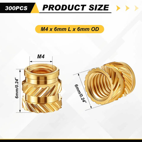 Bulk Pack of 300 Brass M4 Heat Set Threaded Inserts Knurled For Plastic, Durable M4 x D6 x L6 Fit For 3D Printing Components