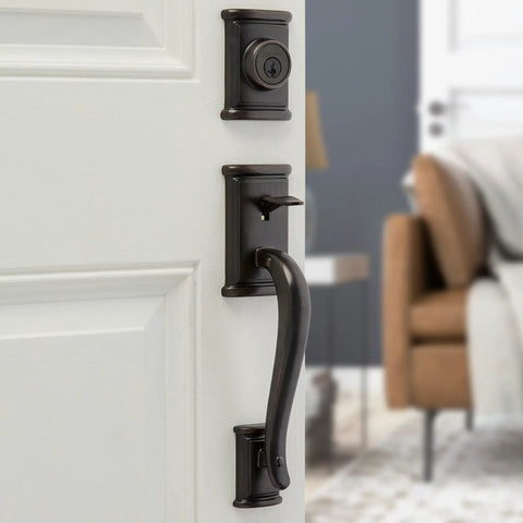 Ashfield Front Door Lock Handle And Deadbolt Set Exterior Only In Venetian Bronze Finish on white door