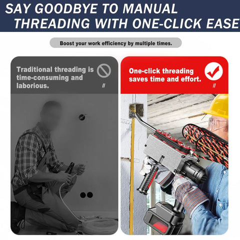 Heavy Duty Cordless Cable Puller With Wireless Brushless Motor For Easy Pipe Threading And Wall Wiring Jobs On Conduit Or Communication Lines Made Simple in action, showcasing one-click threading efficiency.