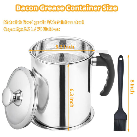 A Total Game Changer, This Heavy Duty Bacon Grease Keeper Boasts A Fine Mesh Strainer, 74 Oz Stainless Oil Jug For Kitchen Frying And Roasting showing its size and capacity.