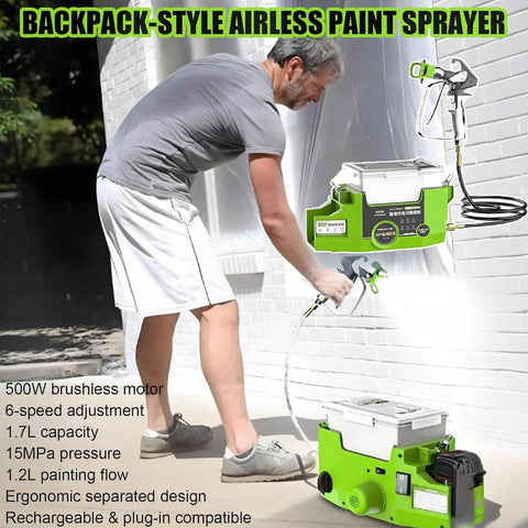 Backpack-style airless paint sprayer shown in use by a man on a wall, featuring a 1.7L tank for easy home renovations.