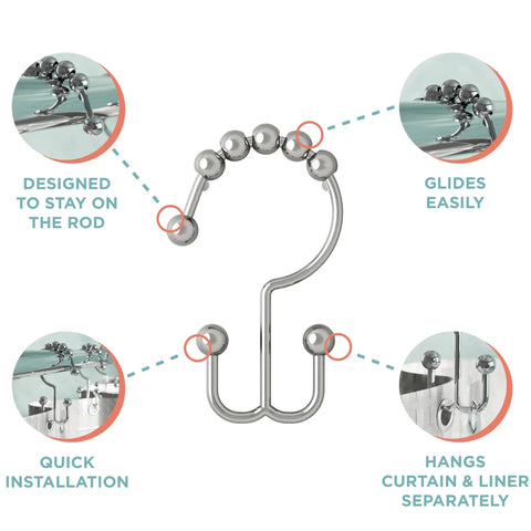 Chrome Shower Curtain Hooks Set Of 12 With Double Roller Glide For Smooth Quiet Operation, detailed features diagram