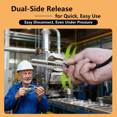 Dual-side release of High Pressure Grease Gun Coupler For 10,000 PSI Systems, Leak Resistant One Eighth Inch NPT Thread Fitting, Universal Lubrication Nozzle