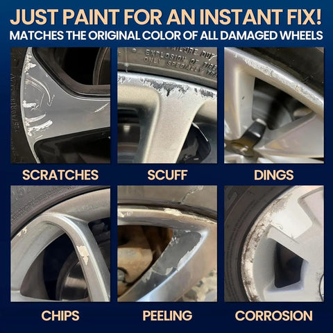 Top Shelf Silver Rim Touch Up Paint Pen For Chrome Wheel Scratches Curb Rash Fix Quick Dry, showing various wheel damage repair.