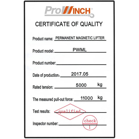 Certificate of Quality for Heavy Duty Neodymium Magnetic Lifter For Round Steel Pipes And Flat Plates 10000 Lbs Crane Hoist.