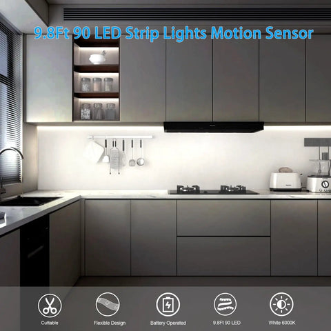 Battery Operated Motion Sensor Cabinet Strip Lights 9.8Ft 90LED With Day Night Sensor illuminating a modern kitchen.