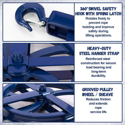 Heavy Duty Two Pack Scaffold Hoist Pulleys With Smooth Glide 12 Inch Solid Cast Iron Gin Wheels Rated 1000 Lbs close-up view of blue swivel hook and pulley details.