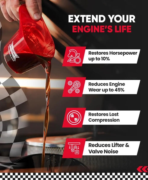 Pouring engine oil treatment additive that cuts noise, reduces wear and vibration, boosts horsepower and fuel economy in gas and diesel engines.