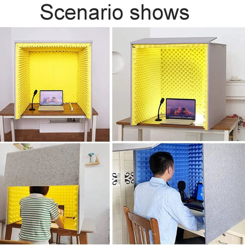 Lock Down The Daily Ruckus With These Premium Soundproof Foam Panels And Acoustic Insulation Boards To Build A Chill Podcast Booth Setup For Telecommuting And Studio Recording Grab And Go Ease Anywhere showcasing a colorful portable mic isolation booth with a laptop and microphone.
