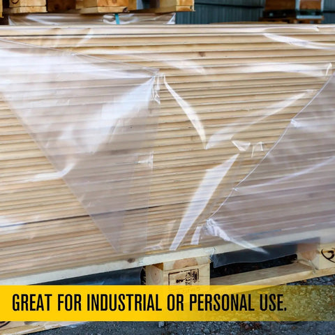 Beefy Heavy Duty 6 Mil Clear Plastic Sheeting Roll 20 Ft By 100 Ft Vapor And Moisture Barrier Tarp covering wooden planks
