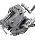 Heavy Duty 3 Inch Bench Vise With Reinforced Cast Iron Base And Powder Metallurgy Jaws For Milling Drilling Machines Smooth Grip Workholding Tool from above showing jaws and adjustment handles.