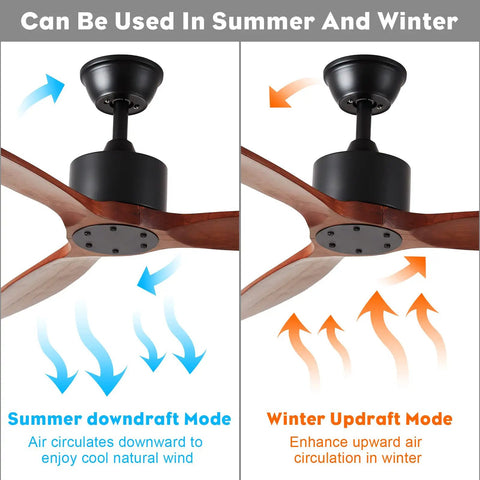 Illustration showing summer and winter modes of 52 Inch Walnut Wood Ceiling Fan With 3 Blades No Light Quiet Reversible DC Motor