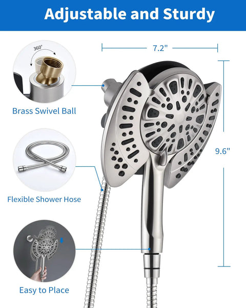 No Fuss Dual Purpose Rainfall Shower Head And Handheld Combo providing adjustable brass swivel ball and flexible stainless steel hose.