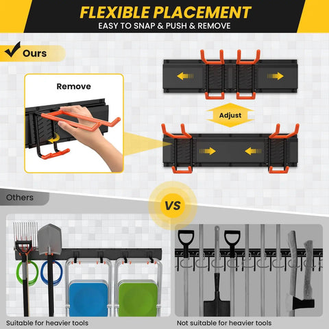 Image of a garage wall mount tool organizer with heavy duty hooks, showing adjustable hooks and comparison to other racks for versatility.
