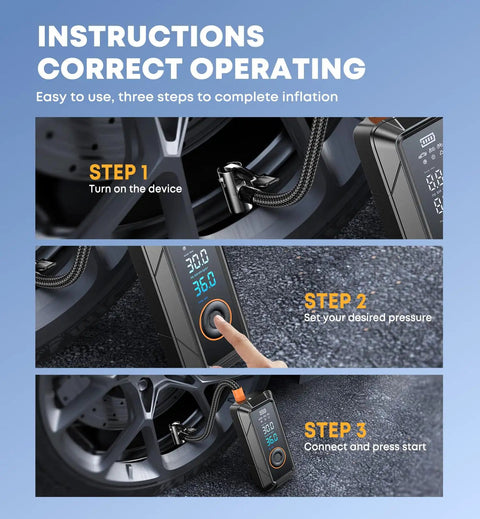 Portable Tire Inflator Air Compressor With Digital Pressure Gauge showing step-by-step instructions next to a car tire