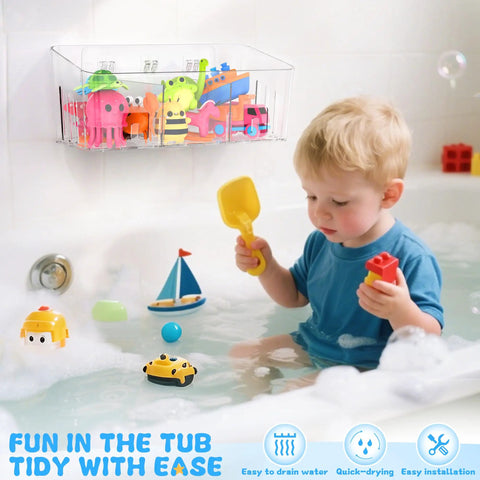 Two Pack Extra Large Bath Toy Storage Bin With Three Quick Drying Compartments holding colorful bath toys above a child in a bathtub.