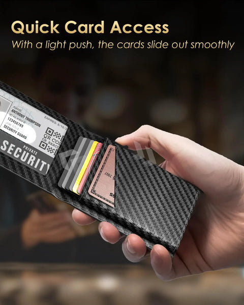 Hand holding Slim RFID Blocking Wallet For Men With Pop Up Card Holder, Metal Shell, Cash Slot, Carbon Fiber Finish