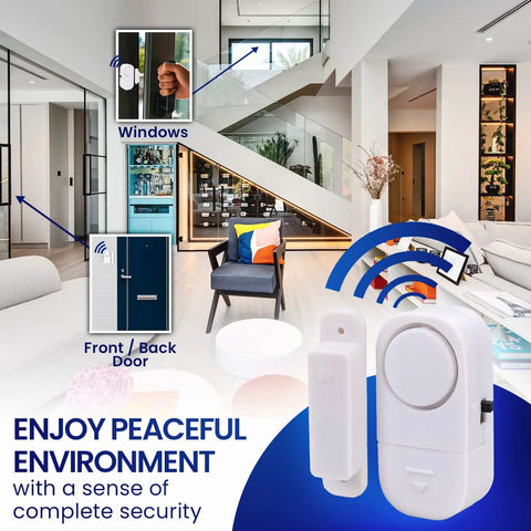 Living room with Piercing Alarm Home Security System 4 Pack Magnetic Sensor Easy To Install No Wires No Tools Required on window and door