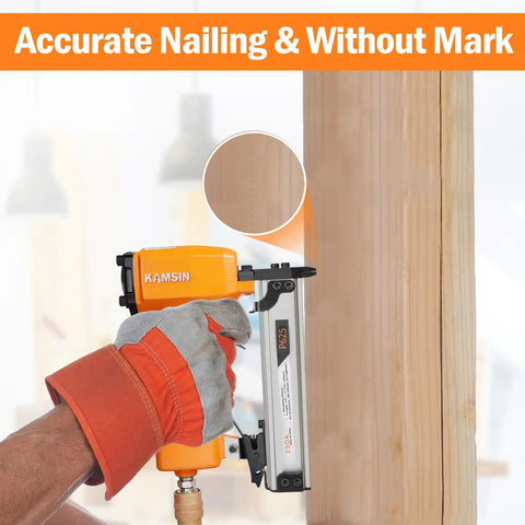 Ultra Lightweight 23 Gauge Pneumatic Pin Nailer For Cabinet And Door Install, shown nailing into wood with precision.