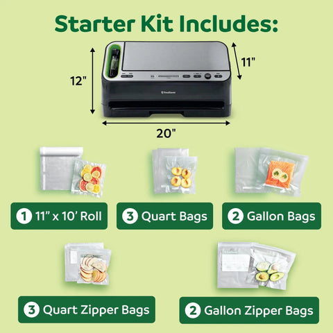Heavy Duty 2 In 1 Vacuum Sealer Machine With Automatic Bag Detection And Starter Kit includes bags and a roll for meal prep.