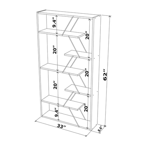 Diagram of Six Tier White And Yellow Bookcase Storage Shelf With Industrial Display Vibe, 62 cm height, 33 cm width