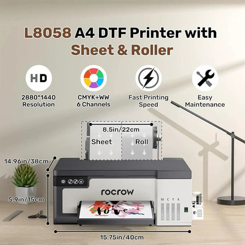 A4 DTF Printer With Shaker And Dryer Bundle Featuring Upgraded XP600 Printhead For No Fuss Custom Apparel Printing With White Ink Mixing Auto Clean System And Solid Quick Turnaround Speed showing L8058 model with sheet and roll functions.