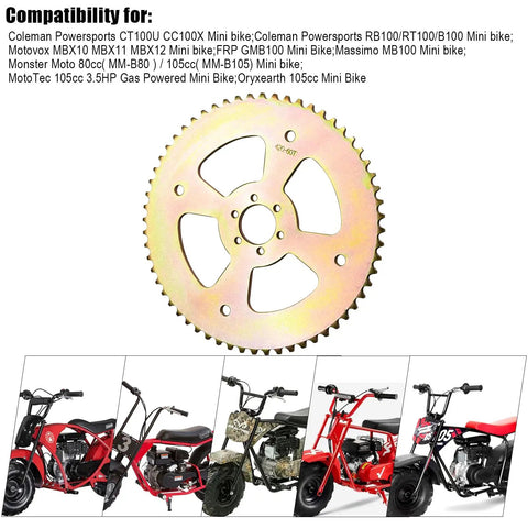 60T 420 chain six hole high torque rear sprocket for Coleman CT100U mini bikes, zinc-plated steel, shown with compatible models.