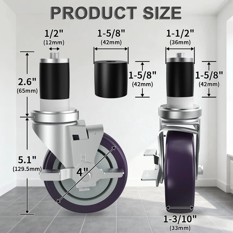 Product size dimensions of adjustable prep table casters with brake, shown in black and silver design, fits leg tubes of 1-1/2 and 1-5/8 inches.