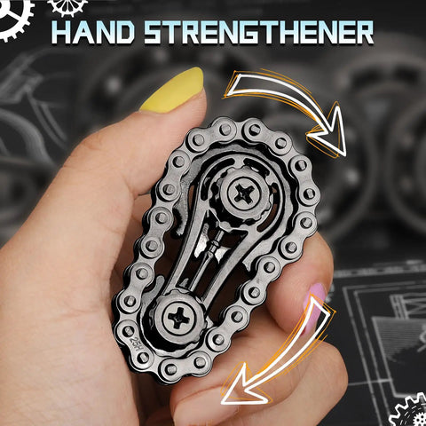 Hand holding Sprocket Fidget Bike Chain Hand Roller For Anxiety Relief And Sensory Fun, durable metal design