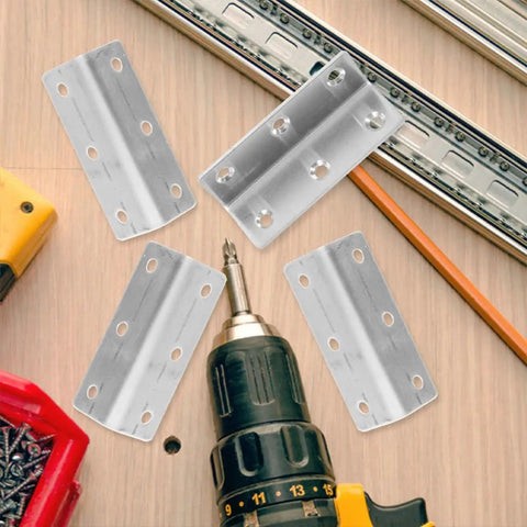 Heavy Duty Stainless Steel Corner Braces Eight Pack L Shaped 90 Degree Brackets with drill on wood surface