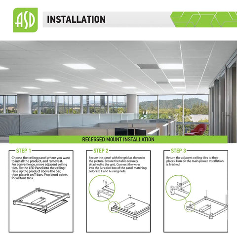 Office ceiling showing 2x2 LED Flat Panel Light Edge Lit Dimmable 27W 3607 Lumens 4000K Bright White Drop Ceiling installation steps
