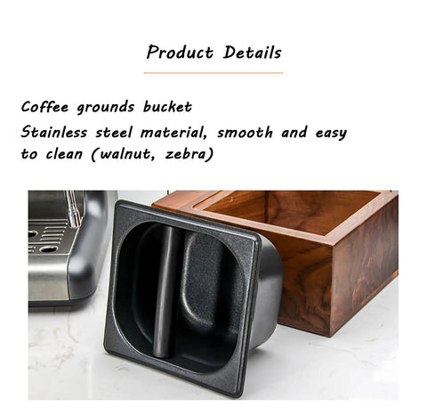 Sleek Wooden Espresso Tamper Station With Integrated Knock Box Fits 58 mm Portafilters Smooth Cleanup And A Dope Vibe That Keeps Your Kitchen Counter Setup Tight And Buzzin, featuring stainless steel coffee grounds bucket.